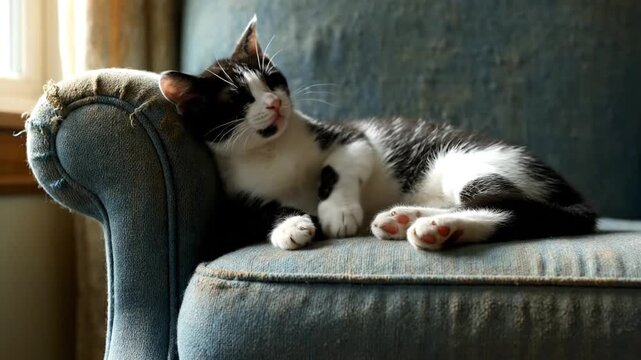 A black and white cat resting on a worn blue armchair with a window in the background.