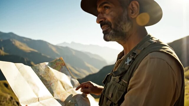 Man with hat and backpack pointing paper map sunlit mountain landscape rugged hiker planning route with focused expression and warm golden light hiker holding folded map sunlit mountain trail wearing