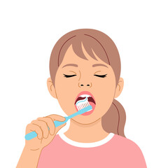 Young girl brushing her teeth with a toothbrush in close-up  