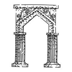 Naklejka premium Ancient architectural archway with classical columns and decorative details, hand drawn sketch style with rough textures on a white background, ideal as a vintage gateway concept