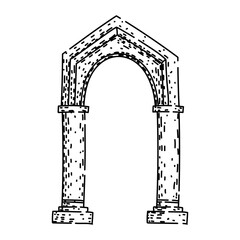 Naklejka premium Ancient archway structure illustrating a stylized entrance or portal, conveying concepts of history, ancient times, architecture, and a gateway to past eras, presented in a line art doodle style