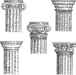 Naklejka premium Set of classical column orders featuring doric, ionic, and corinthian capitals with fluted shafts, depicting historical architectural elements and decorative forms