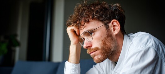 Man sitting alone in office, deep in thought.