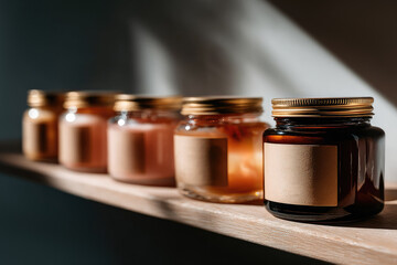 Close-up of row of amber glass jars with scented candles inside and gold metal lids. Jars stand on light wooden surface, each with a clean paper label&mdash;a mock-up.
