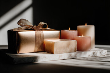 Luxurious gift set made of natural candles and handmade soap in beautiful gold package on marble tray.