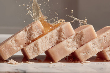 Close-up of a row of pink bars of handmade natural soap on a marble surface with splashes of water. Concept of spa treatments, body care, organic cosmetics and zero waste.