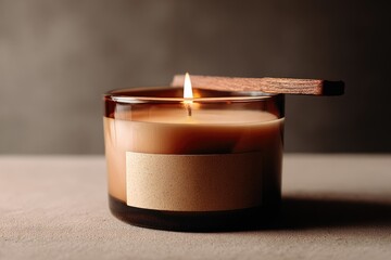 Burning scented candle in an amber glass jar with a wooden lid and an empty label-mockup