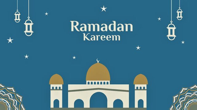 Ramadan Kareem text mandala animation with mosque and lantern symbol on blue background. Islamic Ramadan greeting motion graphic, simple clean design, suitable for video intro and festive content.