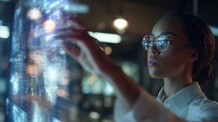 Naklejka premium Woman interacts with digital display in a modern technology workspace at night