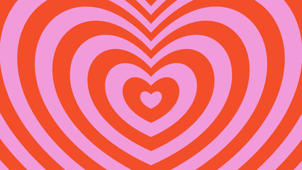 Abstract Pink and Orange Concentric Heart Pattern Background for Valentine's Day. Retro groovy hypnotic heart tunnel background in vibrant colors. Vector illustration in psychedelic retro 60s, 70s