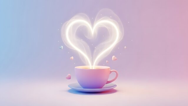 Pink coffee cup with heart shaped steam and floating hearts. Love and Valentine day celebration. Hot beverage mug on a saucer emitting glowing vapor in a soft pastel room - Powered by Adobe