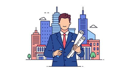 Professional businessman presenting blueprints in a modern cityscape skyline.