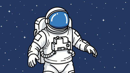 Cartoon Astronaut in a Floating Space Suit Amid a Starry Night Sky.