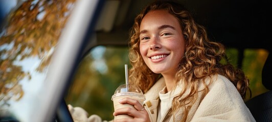 Woman drinking coffee in car.