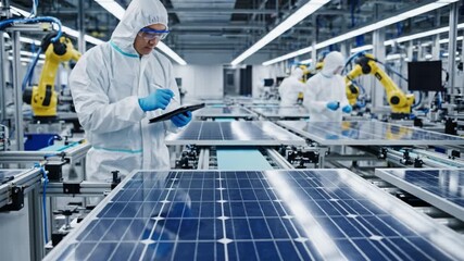 Protective suit solar panel technician inspecting and scanning photovoltaic cells with handheld barcode reader and tablet on automated robotic arm production line in cleanroom production environment - Powered by Adobe