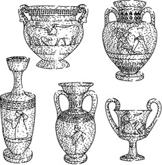 Ancient greek vases collection showing various pottery forms and decorative motifs, including mythological scenes, historical figures, and traditional patterns in vintage engraving style © PikePicture