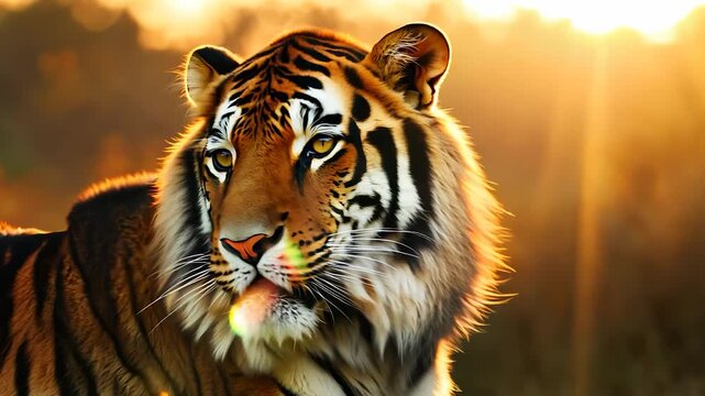 A tiger sits majestically in the golden glow of a sunset, highlighting its striking fur and features. The tiger and sunset create a captivating wildlife scene that embodies nature's beauty.