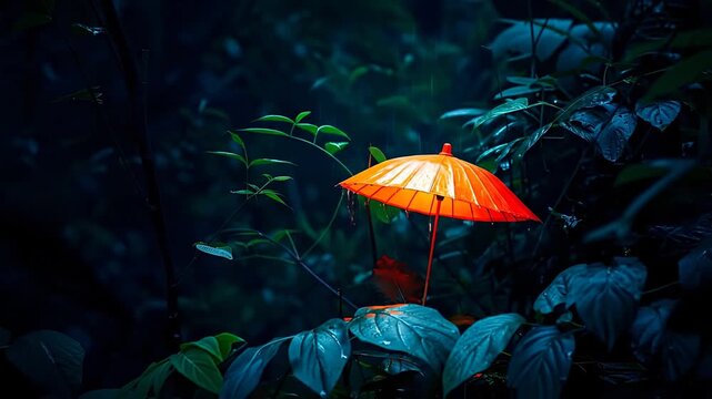 Small orange cocktail umbrella resting among lush tropical leaves at night.