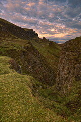 The Quiraing landform below Meall na Suiramach crest with (L-R) The Needle and The Prison rocks, Cnoc a Mh&egrave;irlich and D&ugrave;n M&ograve;r hills. Skye-Scotland-184