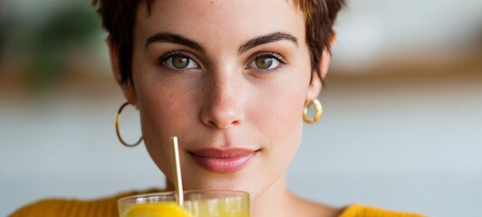 Woman with short hair wearing a yellow top and gold hoop earrings.