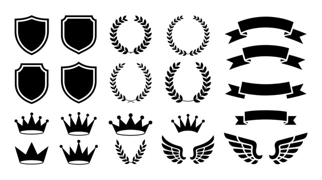 Collection of heraldic symbols including shields, crowns, laurel wreaths, banners, and wings