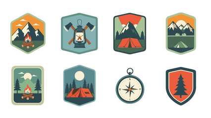 Illustrated Outdoor Adventure Badges: Camping, Hiking, and Wilderness Exploration Graphics