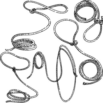 Collection of hand drawn lasso ropes, knots and coils in black and white line art, western ranch and cowboy themed design elements for logos, patterns and crafts
