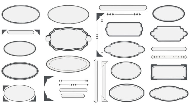 Assorted graphic design elements: vintage frames, decorative borders, and label shapes.