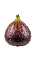 Fresh ripe purple fig fruit with water droplets isolated on a white background, macro photography of healthy food.