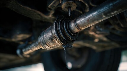A car driveshaft with a torn rubber boot, leaking black grease, underside of a car chassis, realistic lighting, dirty metal