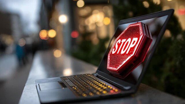 Laptop displaying stop sign in urban setting