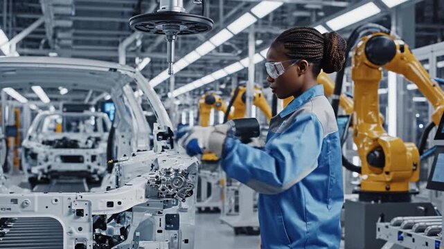 Female factory worker assembling car frame with power tool amid robotic arms modern automotive assembly line factory automation engineer oversees robotic arm manufacturing process, focused