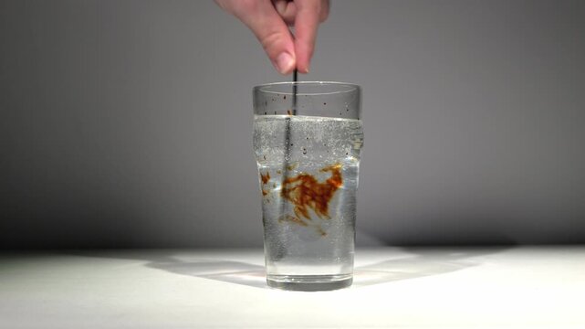 Iodine mixed with water containing bleach is stirred, causing the brown color to fade as the iodine is chemically cleared, demonstrating a simple oxidation-reduction chemistry reaction.