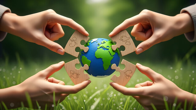 Four hands assembling a globe puzzle in a lush green field - Powered by Adobe