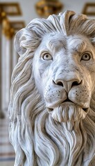 Majestic Close Up of a Marble Lion Sculpture in a Grand Hallway, Symbolizing Strength and Elegance