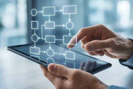 Digital process management with workflow diagram displayed as futuristic holographic visualization on tablet screen - Powered by Adobe