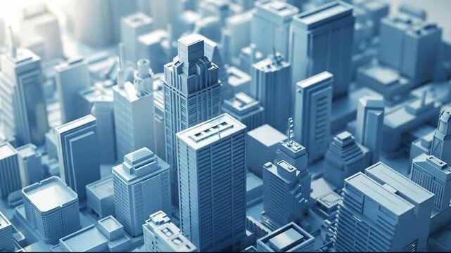 Aerial view of a modern miniature cityscape model rendered in blue tones.