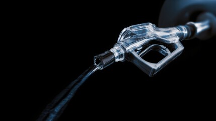 close up of fuel nozzle pouring gasoline, transparent liquid motion frozen in time, ultra high speed photography, crisp detail