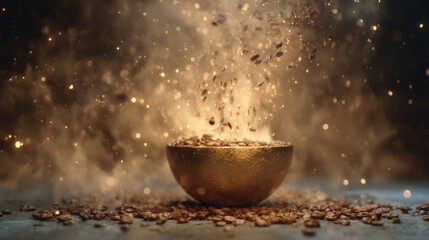 coffee beans falling like rain into a glowing magical cup, sparkling steam rising, surreal and whimsical, soft warm colors, high detail