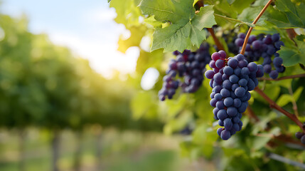 Ripe bunch of purple grapes hanging on a vine in a sunlit vineyard, with green leaves and blurred background. Harvest season and winemaking concept.
