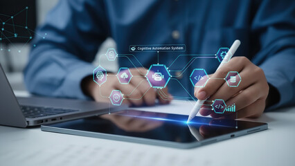Business person using stylus on digital tablet showing intelligent optimization and machine learning flowchart.