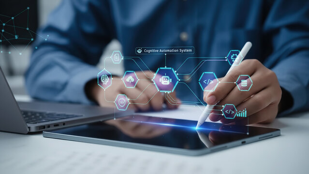 Business person using stylus on digital tablet showing intelligent optimization and machine learning flowchart. - Powered by Adobe