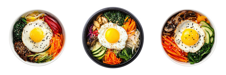 Colorful Bowls of Bibimbap with Fresh Vegetables and Egg Isolated on Transparent Background