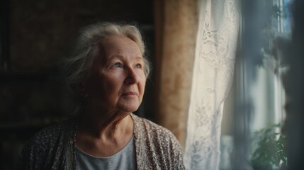 elderly mother standing near a window inside a cozy home, soft daylight, calm , warmth and care, realistic cinematic portrait