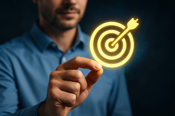Focused businessman holding glowing dartboard target symbol representing strategy goal achievement and successful future business direction