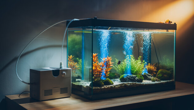 Well-lit freshwater aquarium with colorful aquatic plants, gravel substrate, and active bubble streams from an external air pump. Perfect for pet care, home decor, and aquascaping concepts.