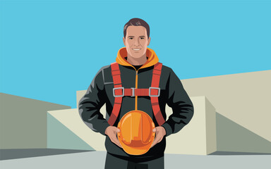 A construction worker holding a hard hat stands confidently in front of a building site with a clear blue sky