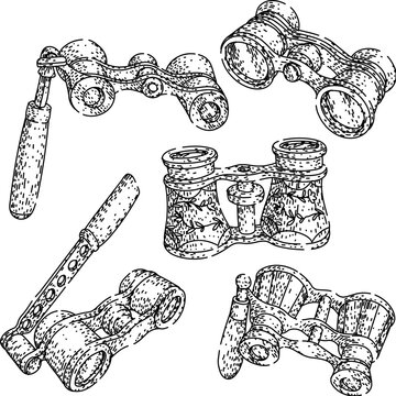 Collection of vintage lorgnettes and compact binoculars, presenting a variety of classical designs used for enhancing audience experience during theater, opera, or ballet performances