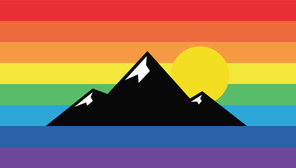 Black mountain range with white peaks against rainbow stripes and yellow sun mountains landscape