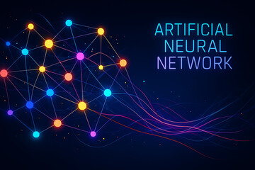 Glowing artificial neural network with colorful digital nodes symbolizing deep learning machine intelligence and connected data processing